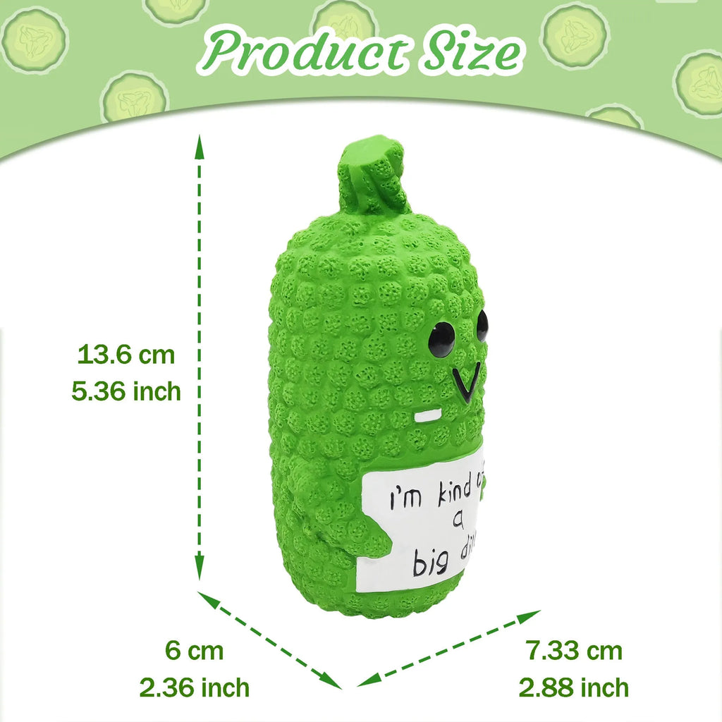 Bright green pickle-shaped dog chew toy with textured nubs on a white background.