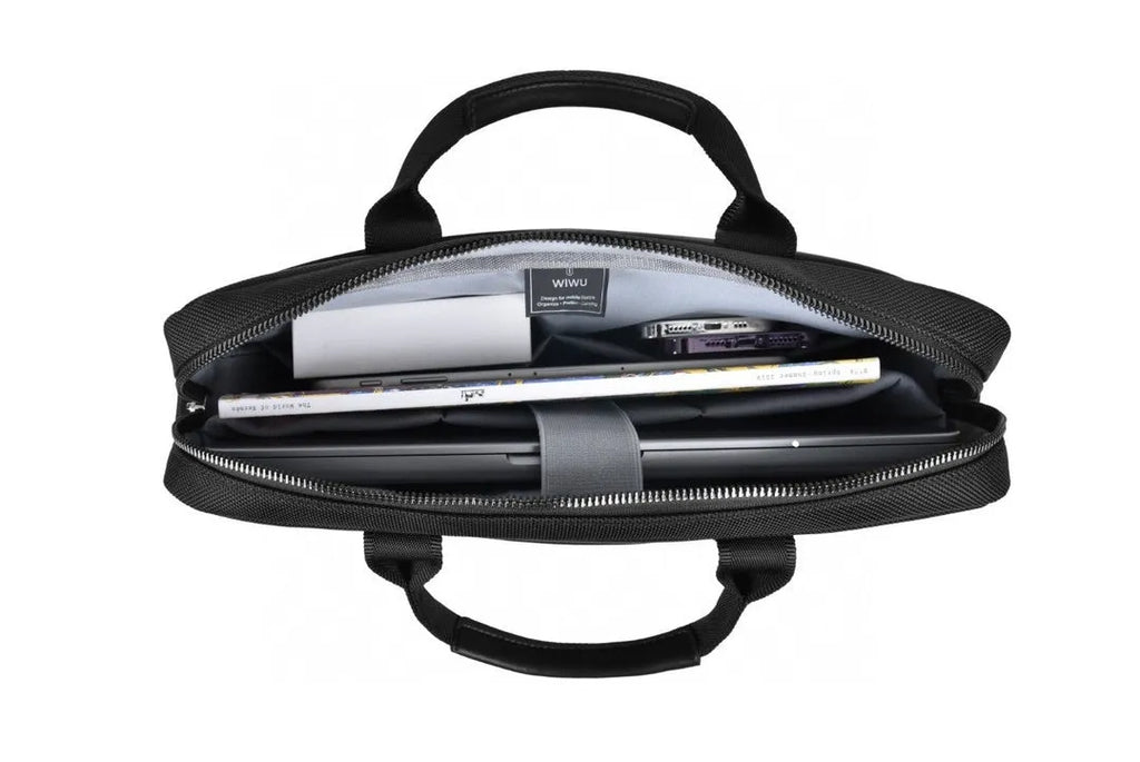 Black Oxford cloth multi-pocket laptop handbag showing separate internal layers and an integrated lock.