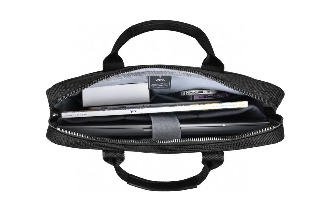 Black Oxford cloth multi-pocket laptop handbag showing separate internal layers and an integrated lock.