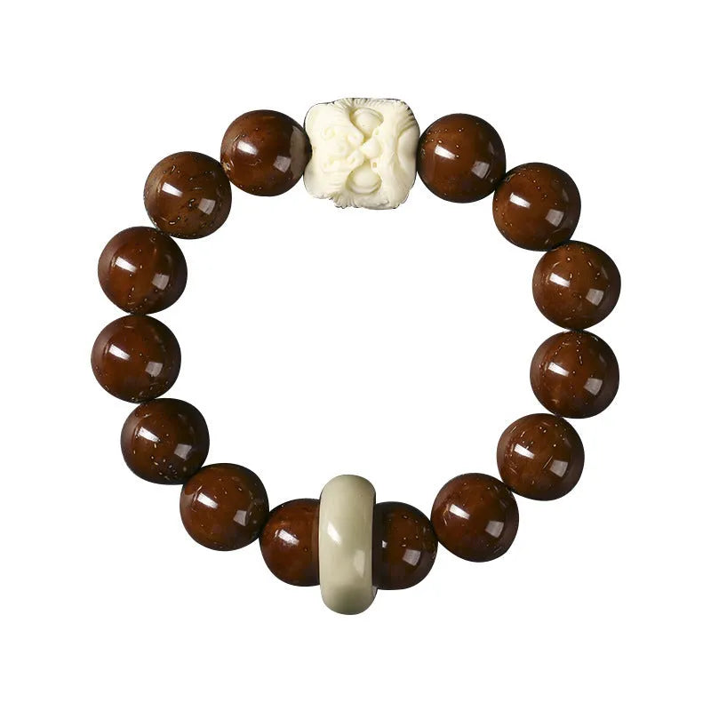 Hand-woven ivory nut lion round beads bracelet with 13mm beads and retro national style design