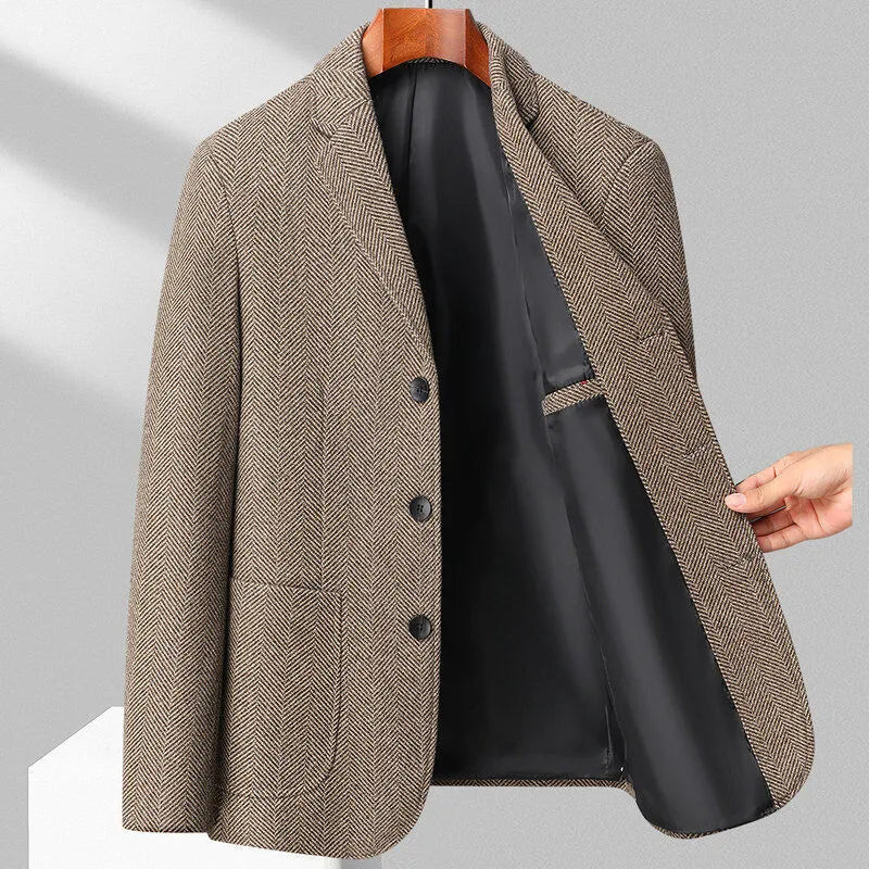 Man wearing a loose-fit solid colour wool-blend coat suitable for spring or autumn casual wear.