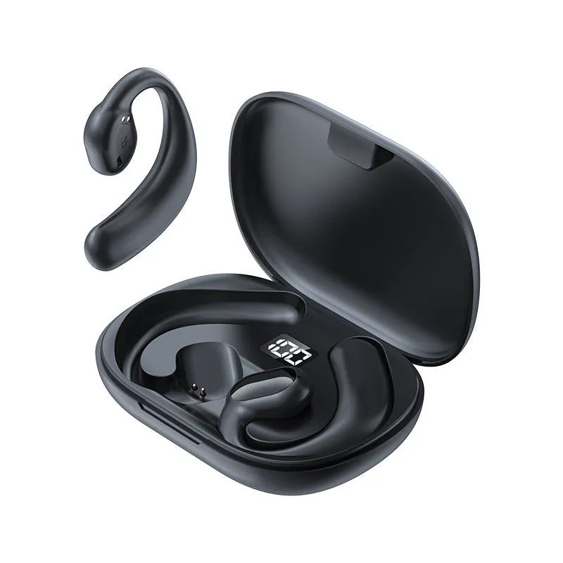 Black ear-mounted Bluetooth headset with digital display screen showing battery level