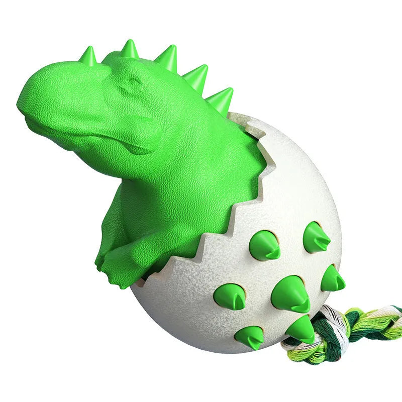 Blue durable rubber dinosaur dog chew toy with integrated rope for aggressive chewers.
