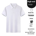 Men's white short sleeve polo t-shirt with a lapel collar, laid flat.