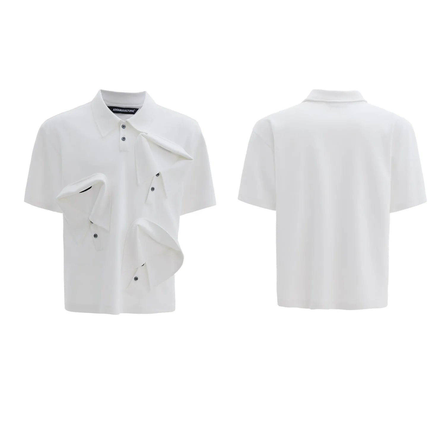 Men's loose deconstructed collar polo shirt with geometric pattern in black.