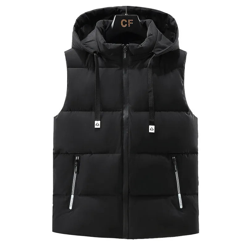 Men's black and blue thickened vest with removable cap and straight hem design