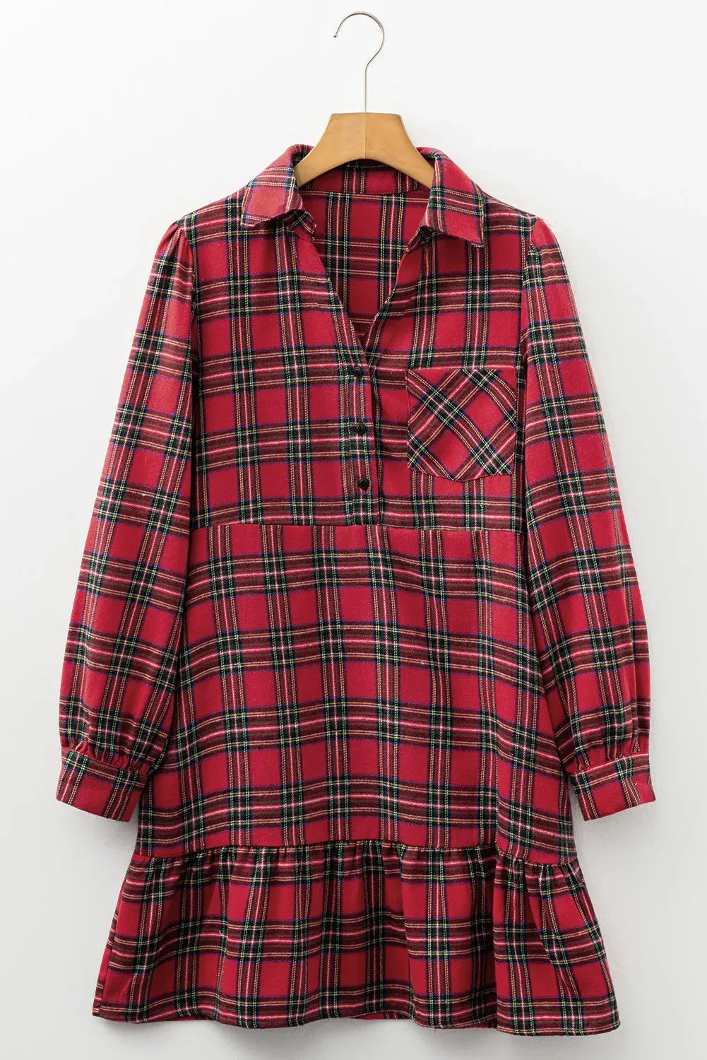 Red plaid shirt collar mini dress with half-button front and ruffle hem detail