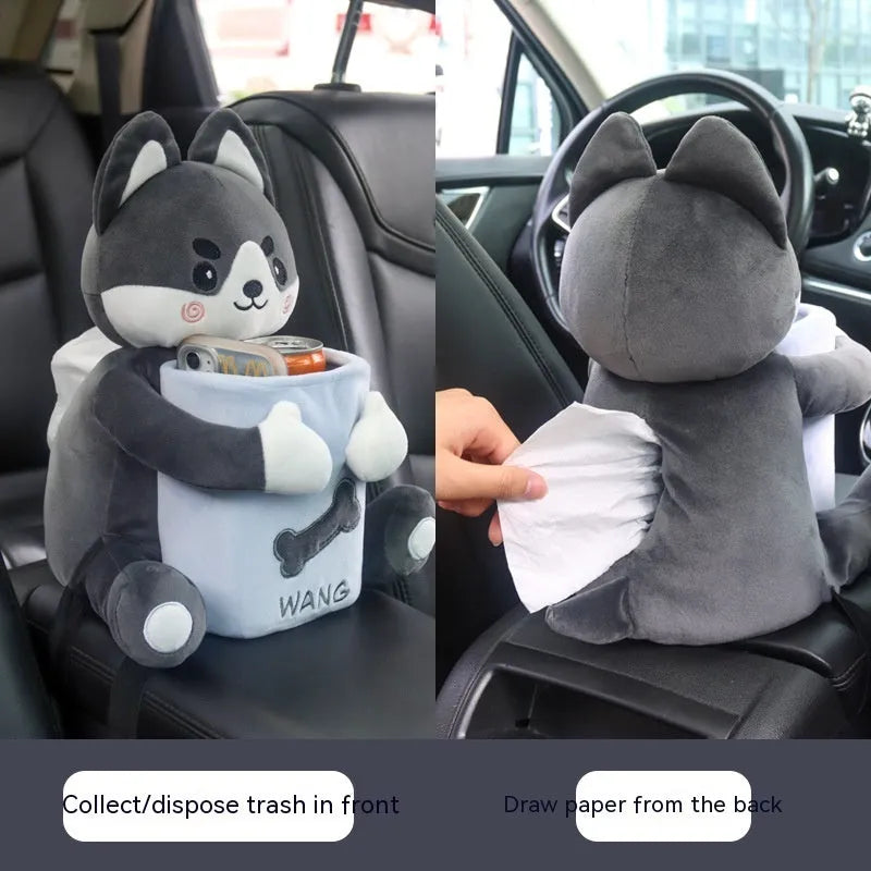 Plush car tissue box hanging on vehicle armrest with character design options