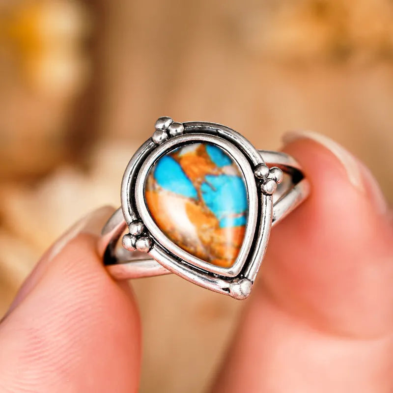 Women's antique-style copper ring with water drop and geometric design, electroplated silver finish, sizes No 6 to No 10