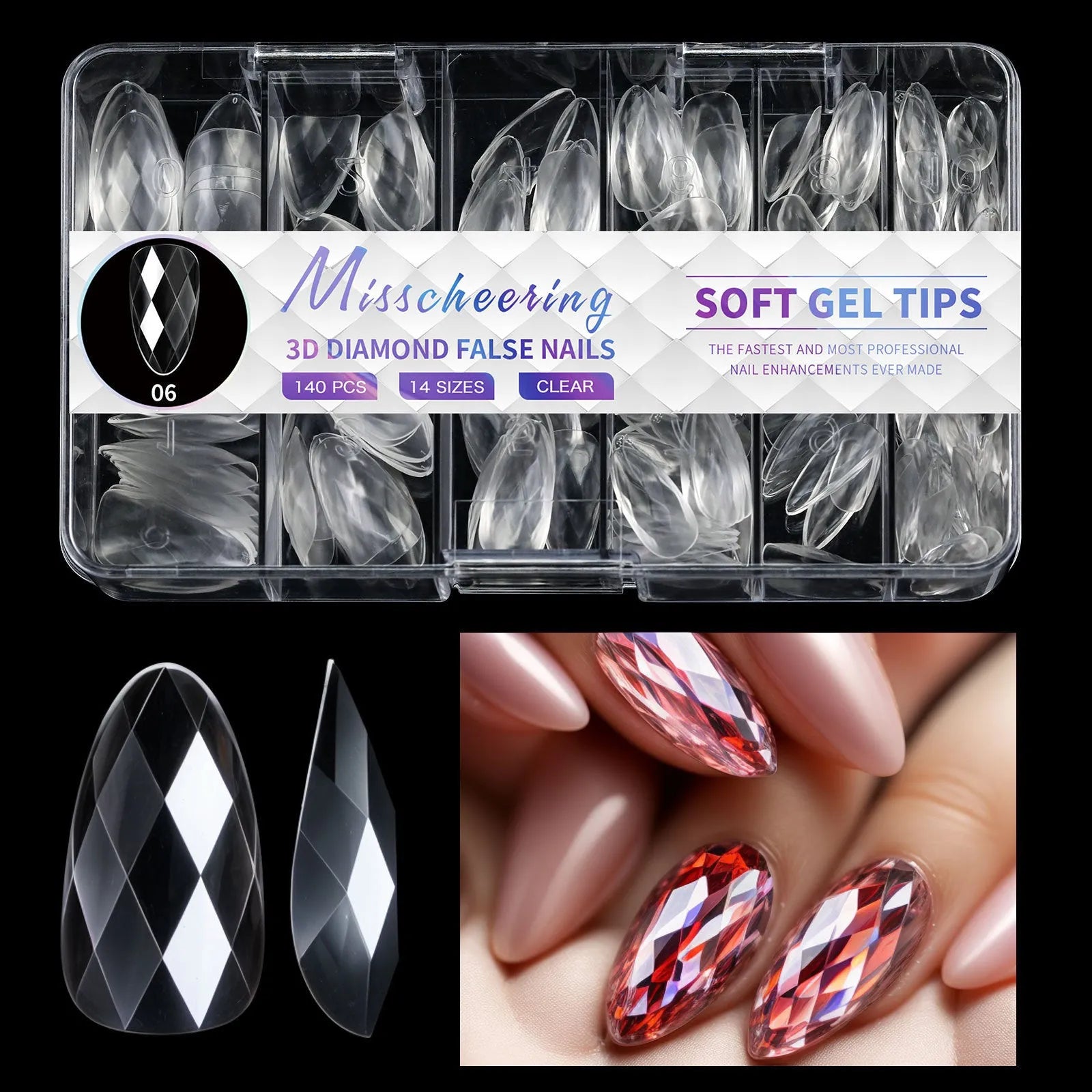 Box of long, shaped false nail tips with glittering diamond texture in various pink and white colours.