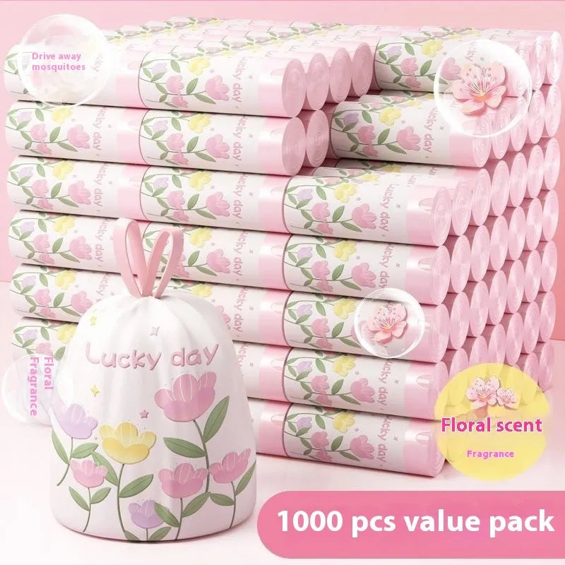 Pink degradable drawstring garbage bag with argy wormwood mosquito repellent formula.