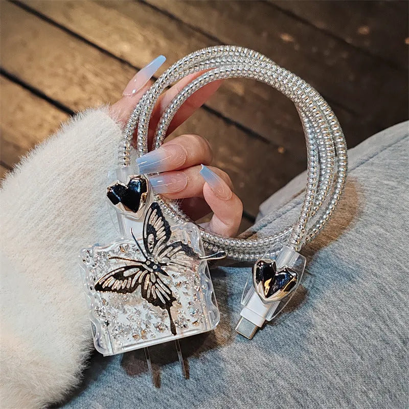 Three-dimensional butterfly USB cable protection sleeve with silver foil design for Apple 20W charger