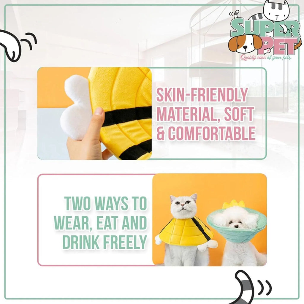 Soft cat cone collar with cute bee design showing Velcro closure and adjustable sizing