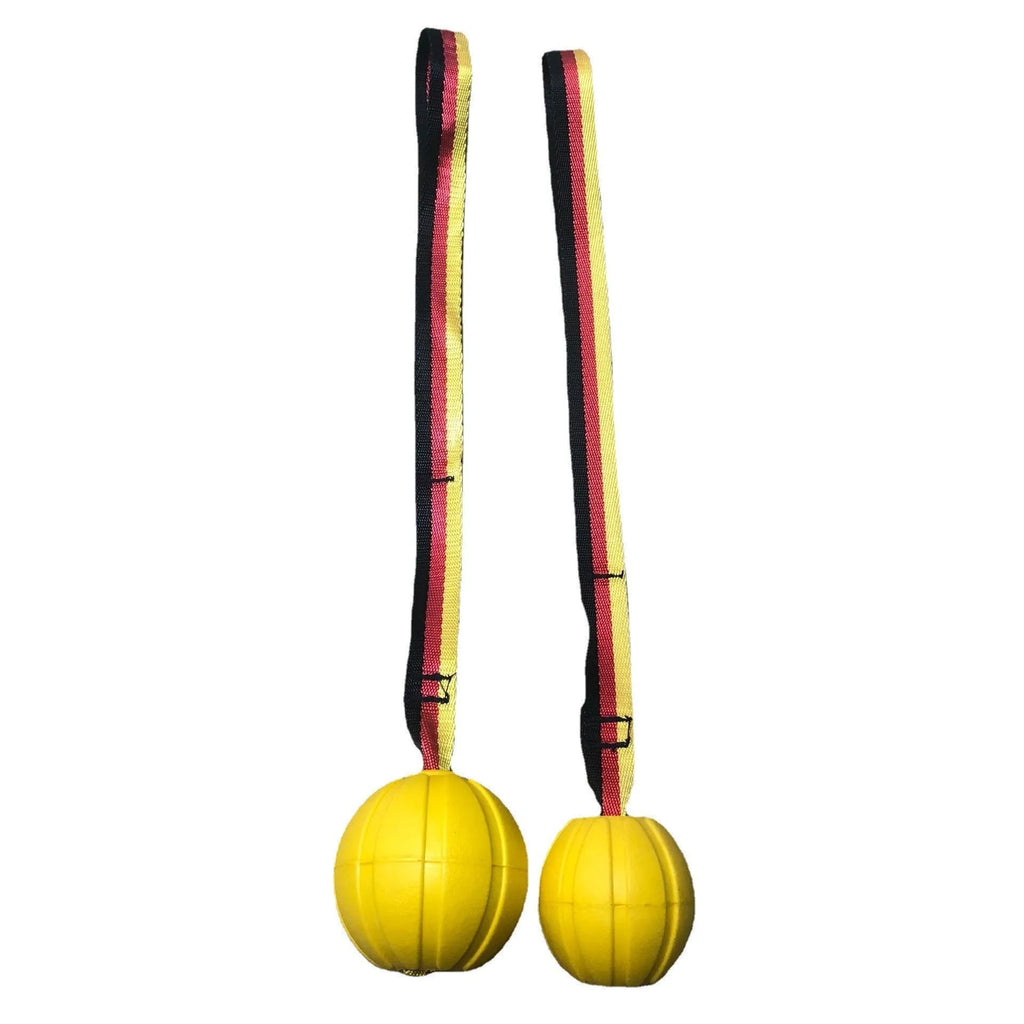 Floating EVA pet training ball in yellow and camouflage colours showing three diameter sizes for water fetch
