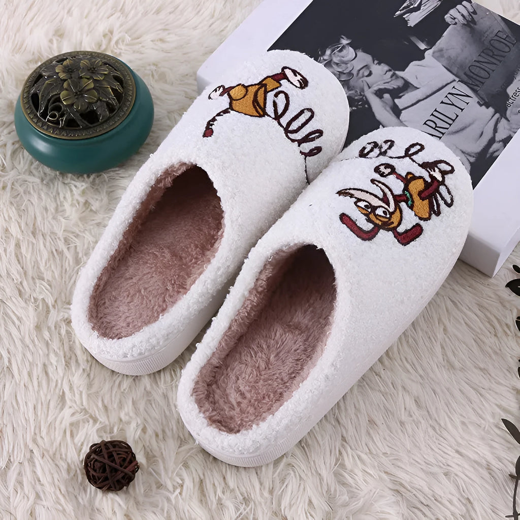 White fluffy cartoon slippers with a non-slip rubber sole and toe holder design