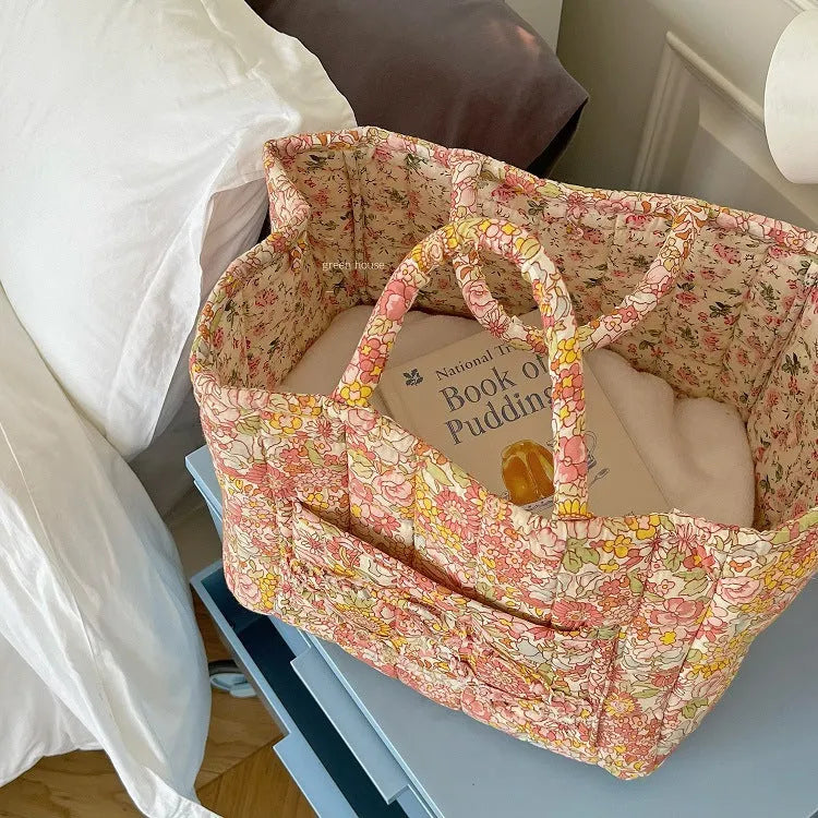 Cotton and linen pastoral floral patchwork storage basket with 14L capacity, 27x32.5cm dimensions, 26cm height, sealing lid, multiple colour options