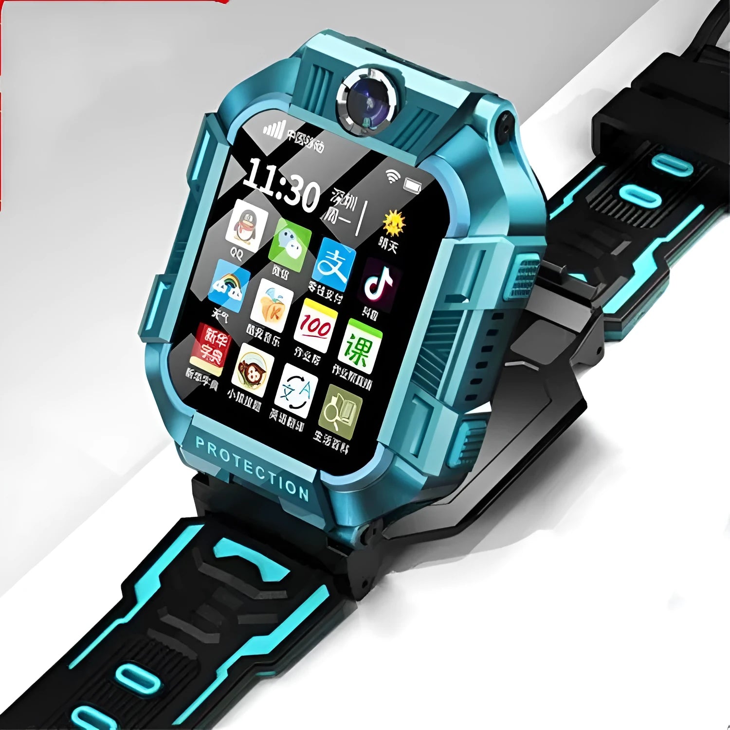 A63 children's smartwatch with 1.44-inch screen and silicone wristband in green or purple colours
