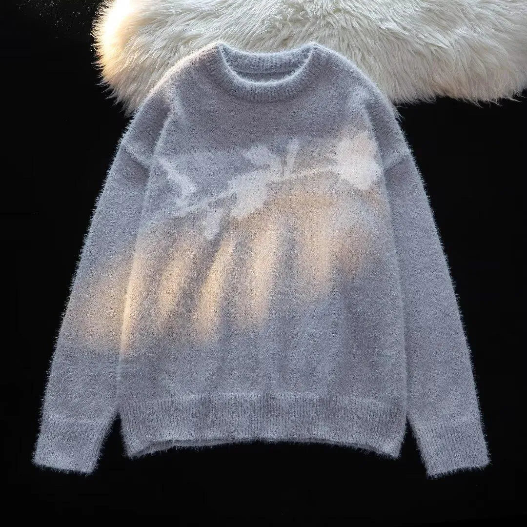 Men's cotton sweater with flocked horse motif design in apricot colour, showing pullover style with long sleeves