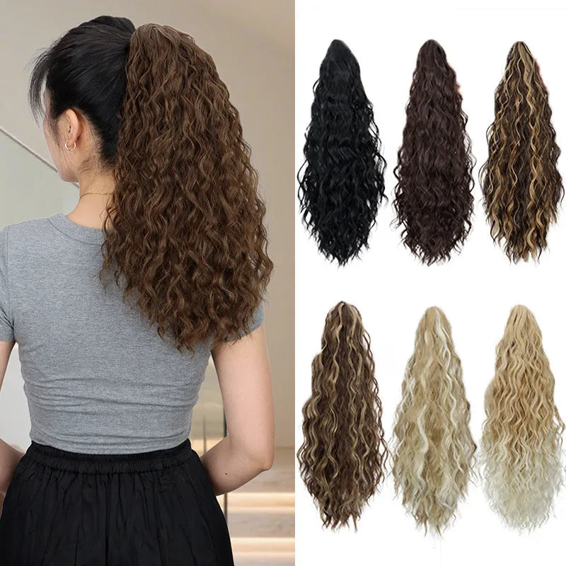 Corn curler wig with water ripple grip ponytail in synthetic high temperature fibre, shown in colour 1B.