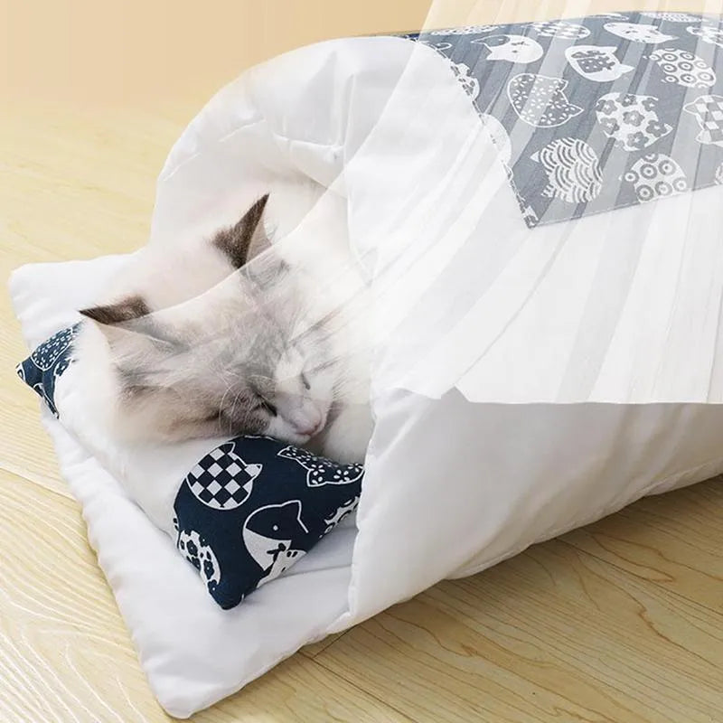 Grey enclosed cat sleeping bag bed with pillow in medium size, showing removable cover and cosy interior.