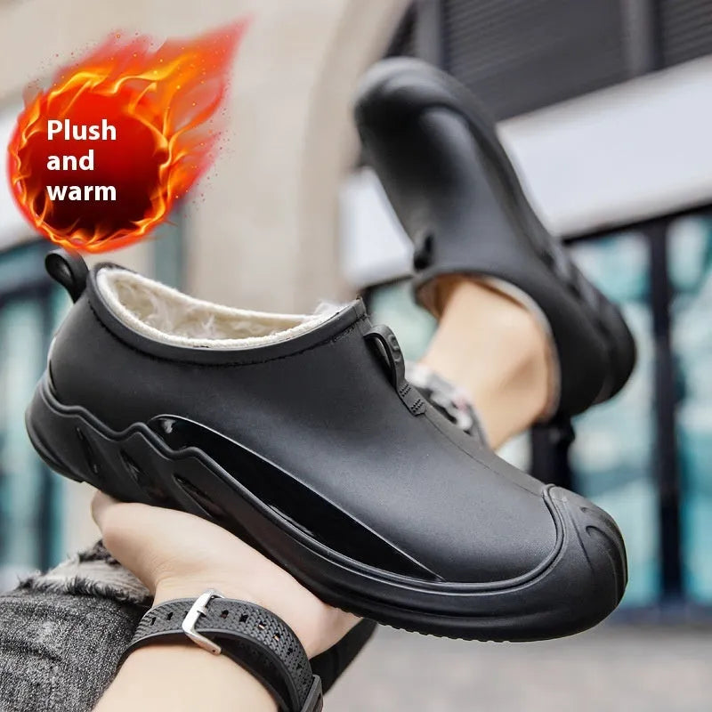 Men's solid colour short rain boots with plastic upper, shown in black, grey, and green.