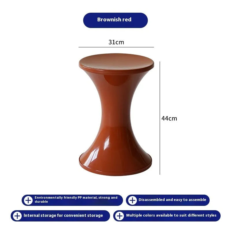Plastic hourglass shoe changing stool in multiple colours with compact dimensions
