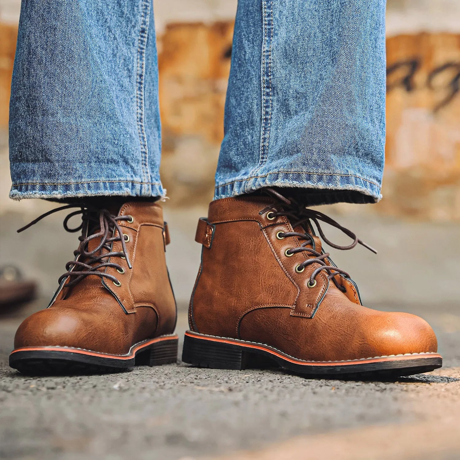 Men's retro lace-up Western boots in brown with embossed artificial PU upper and horseshoe heel