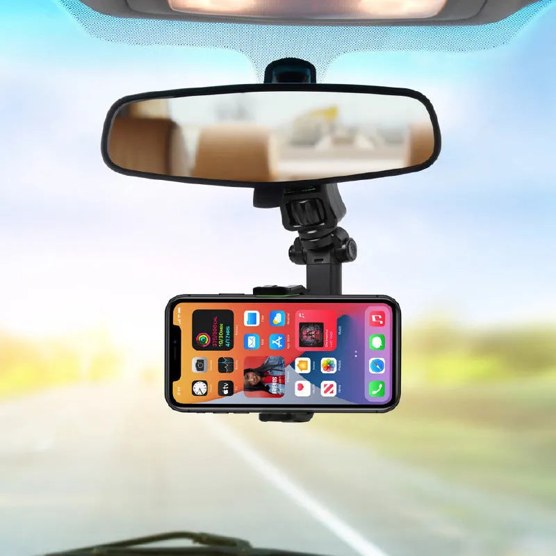 Car mobile phone holder attached to rear view mirror bracket showing black and grey colour option