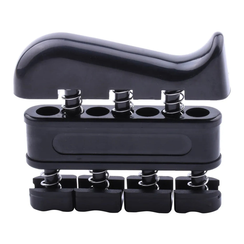 Finger strength gripper made of ABS plastic in black colour, 9x8x2cm with spring tensioner on white background