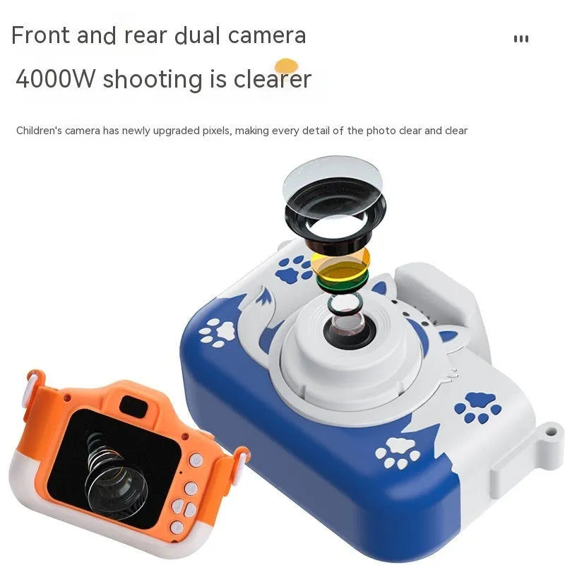 Children's HD cartoon digital camera in orange with compact design and lanyard