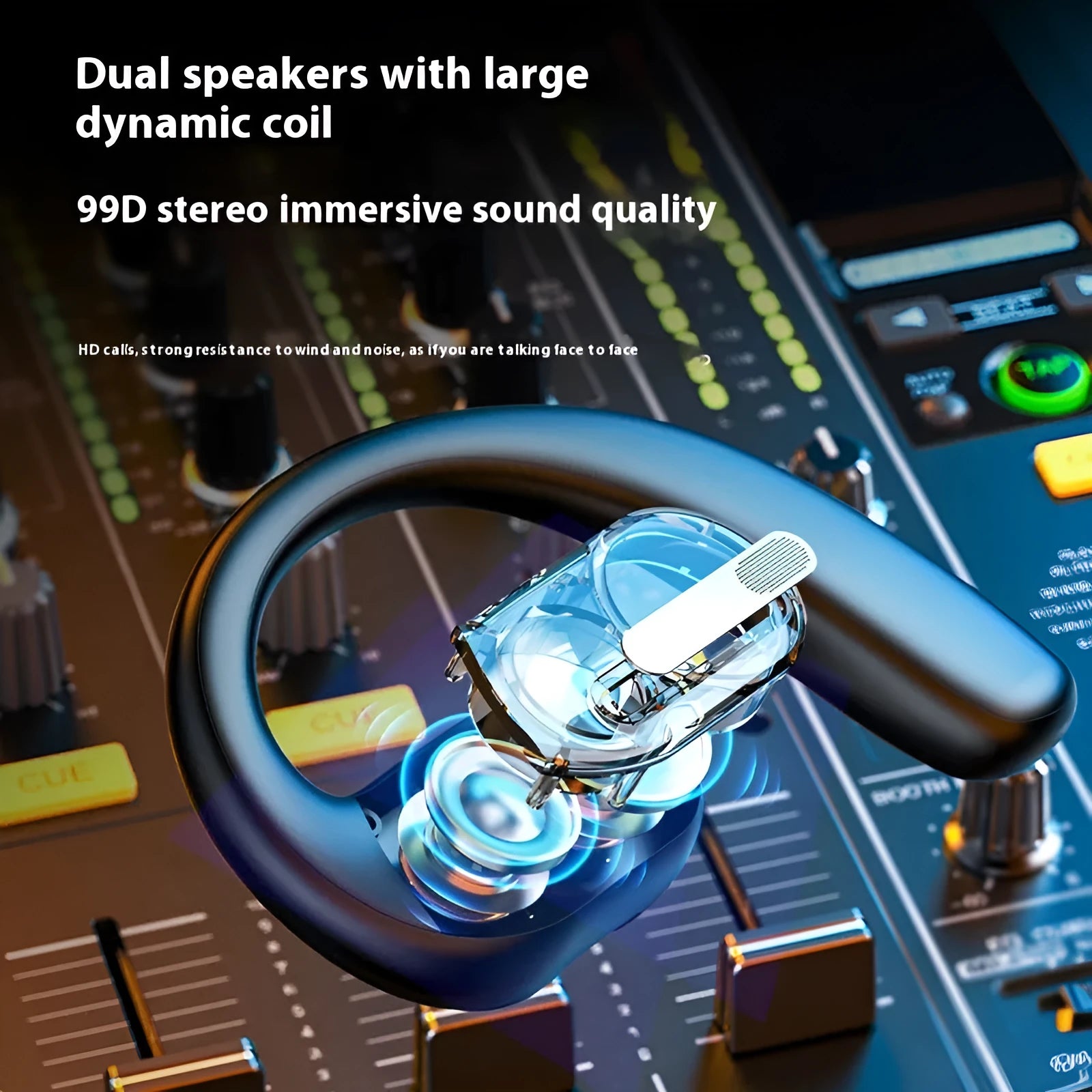 LX-09 Supreme Black ear-mounted Bluetooth headset with dual speakers and smart touch controls