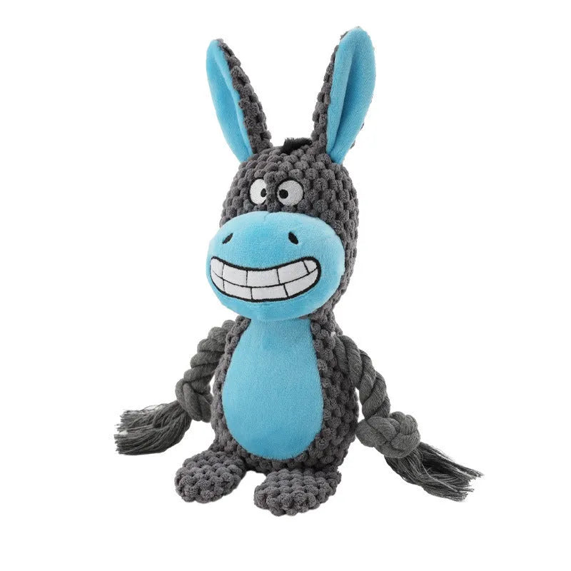 Hippo-shaped plush dog toy with cotton rope sections for tug-of-war games