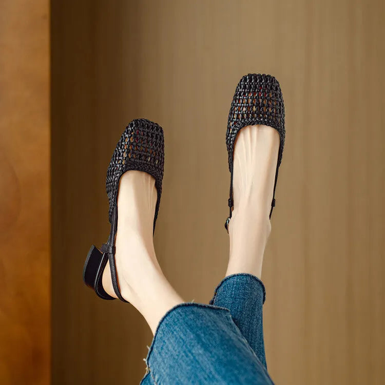 Women's beige woven hollow-out sandals with square toe, buckle, and chunky 4cm heel