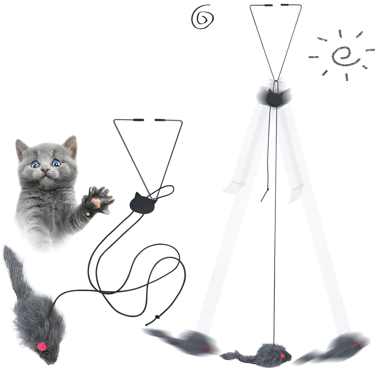 Cat toy with telescopic elastic rope hanging from door with plush mouse-shaped toy at bottom