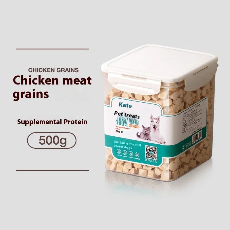 500g chicken freeze-dried cat treats in bag or can packaging showing high-grade chicken pieces