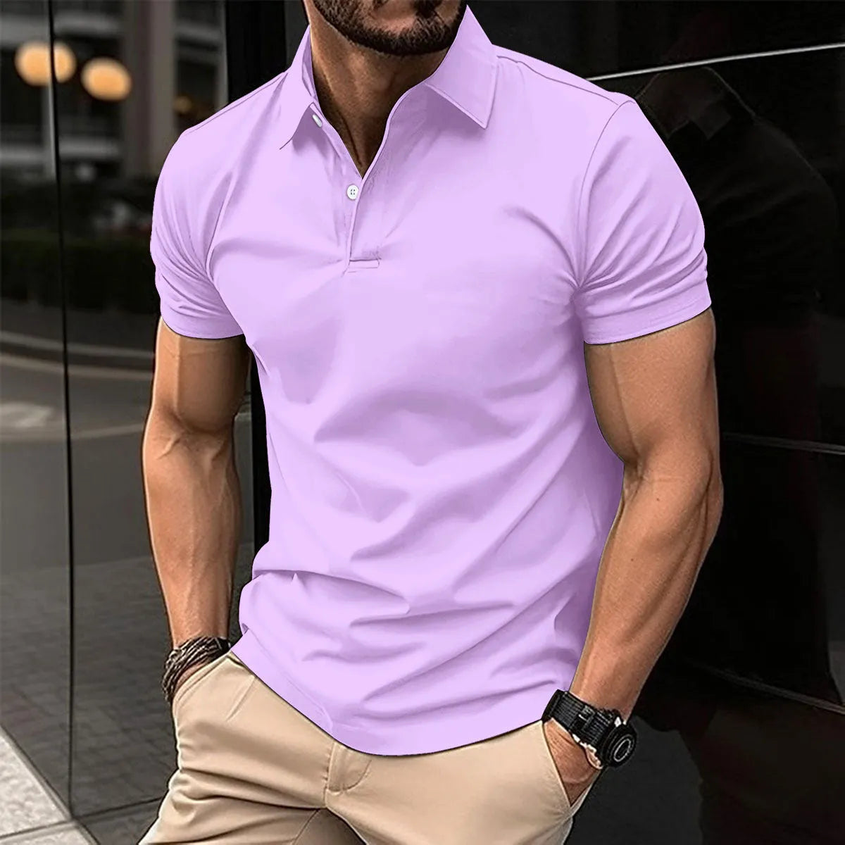 Men's short sleeve polo shirt with button lapel collar in a solid colour.