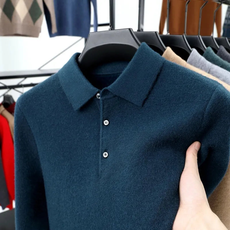 Men's turn-over collar polo shirt knitwear in fancy twill camel with long sleeves