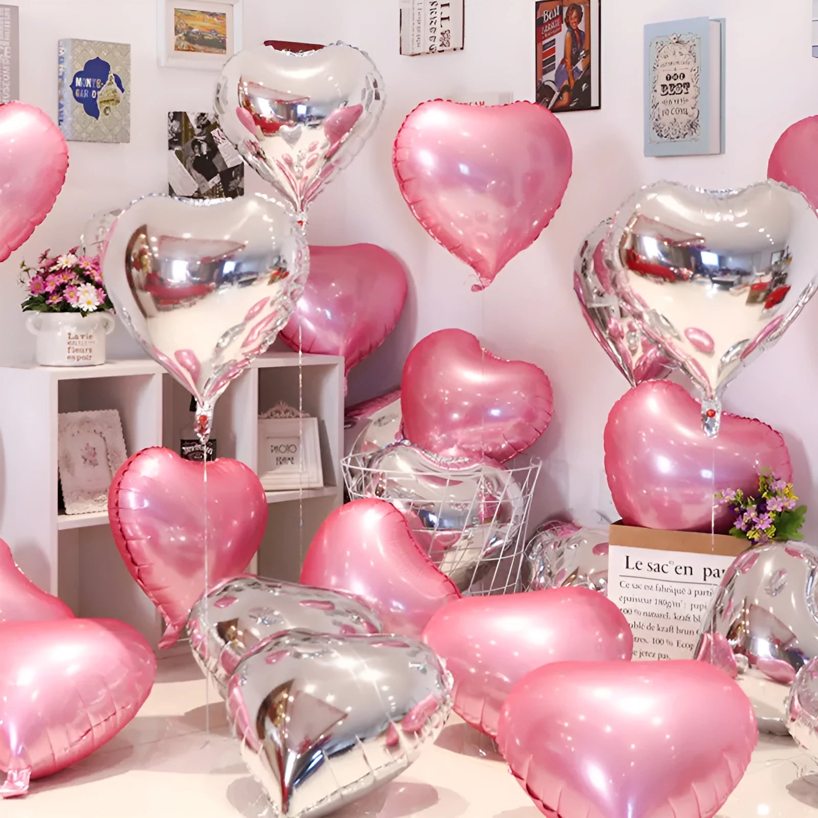 Five peach heart-shaped aluminium foil balloons in metallic colours for party decoration