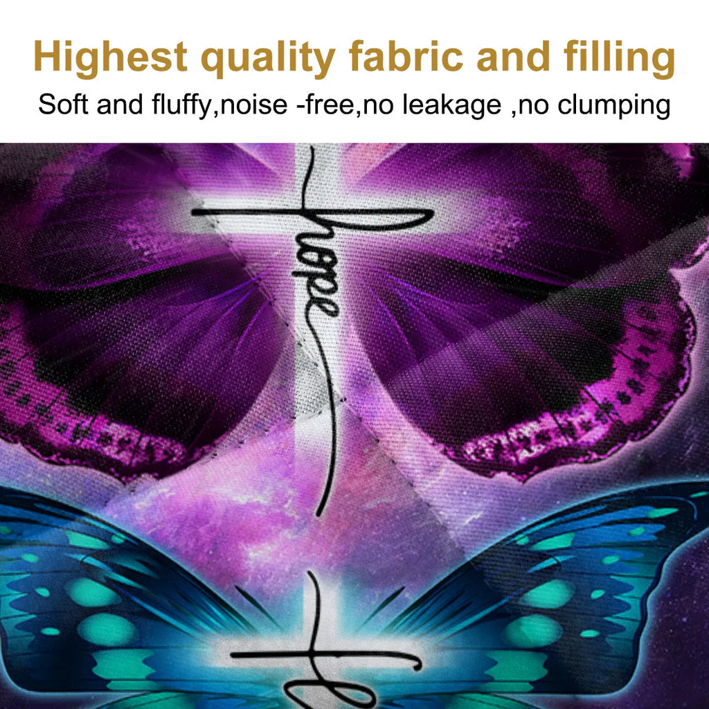 Purple 3-piece butterfly patterned quilt set with quilt and two pillow shams on a bed