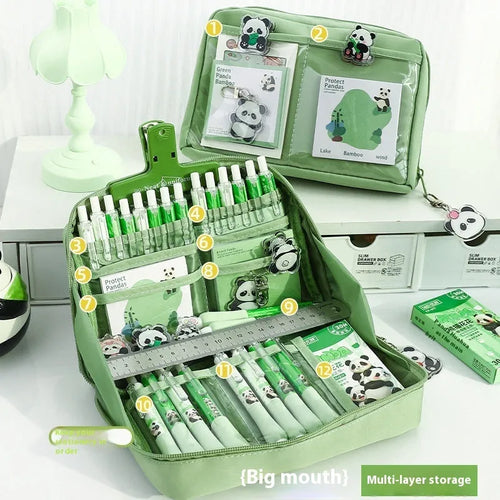 Green canvas pencil case with 12-layer panda design and multiple compartments for stationery organisation