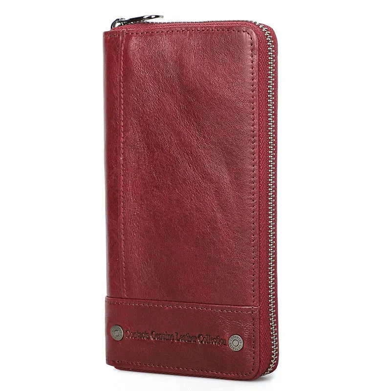 Brown genuine cowhide leather men's long wallet with zipper closure showing anti-theft card compartments