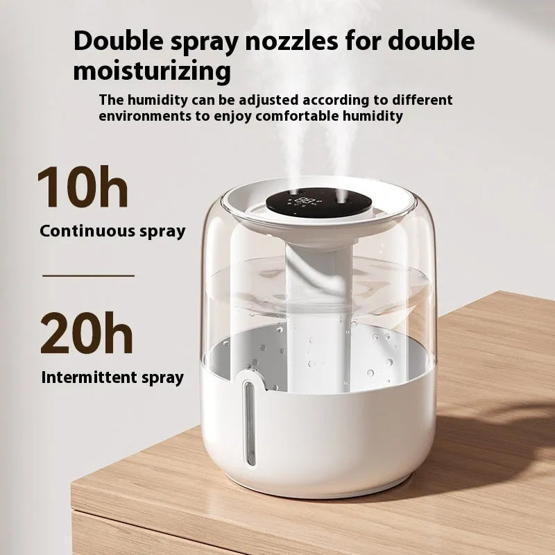 Round beige large capacity humidifier with dual spray nozzles, humidity display, and USB port