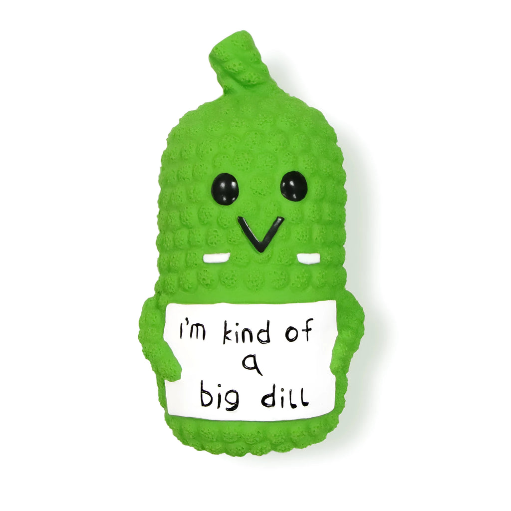 Bright green pickle-shaped dog chew toy with textured nubs on a white background.