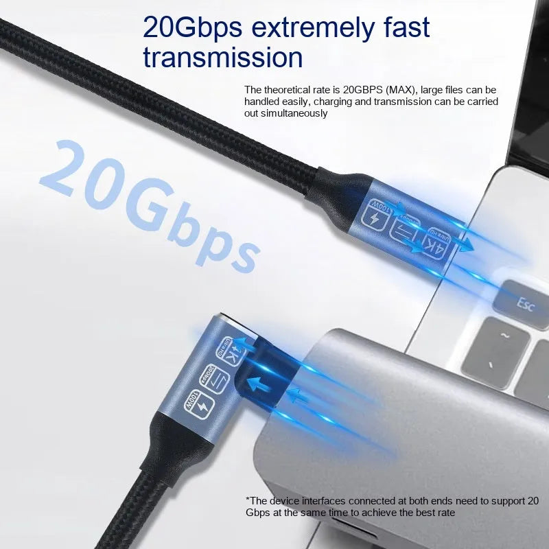 Double Type-C full-function woven fast charging data cable in black single-bend design on grey background