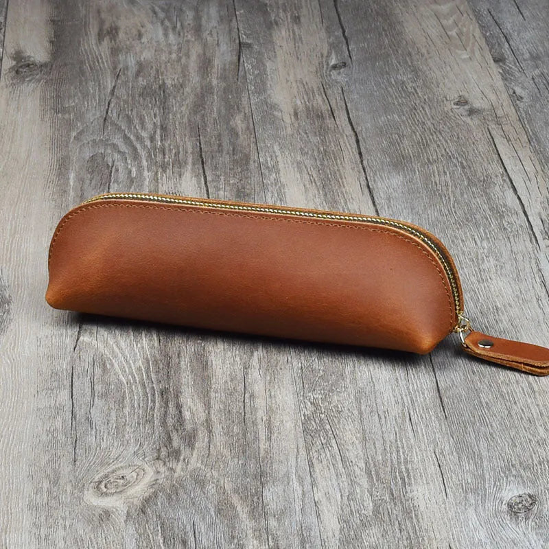 Handmade genuine cowhide leather square pencil case measuring 18cm with zipper closure in solid colour