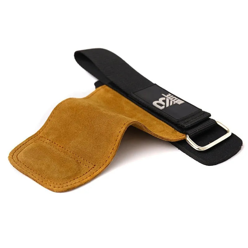 A pair of brown fitness wrist protector bands for pull-up and horizontal bar training.
