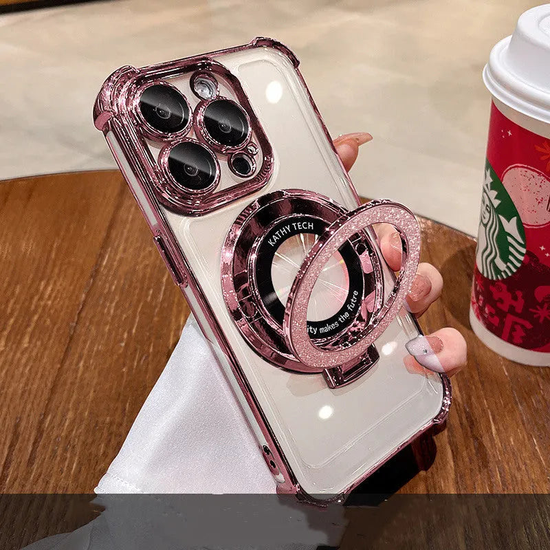 Glitter mirror folding bracket phone case for iPhone 16 with drop-resistant PC material in gradient colours