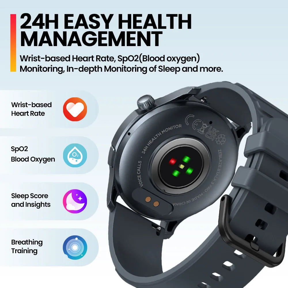 Btalk 3 Pro smart watch with AMOLED display showing health metrics, available in grey, pink and blue colours