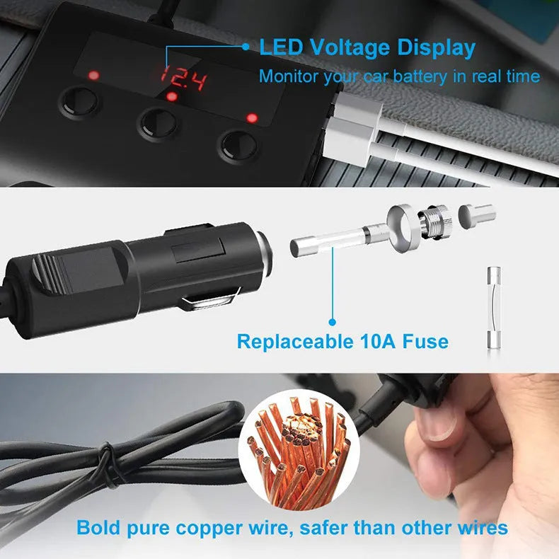 Black ABS car charger with 4 USB ports and 3 cigarette lighter ports on a 12V extension cable