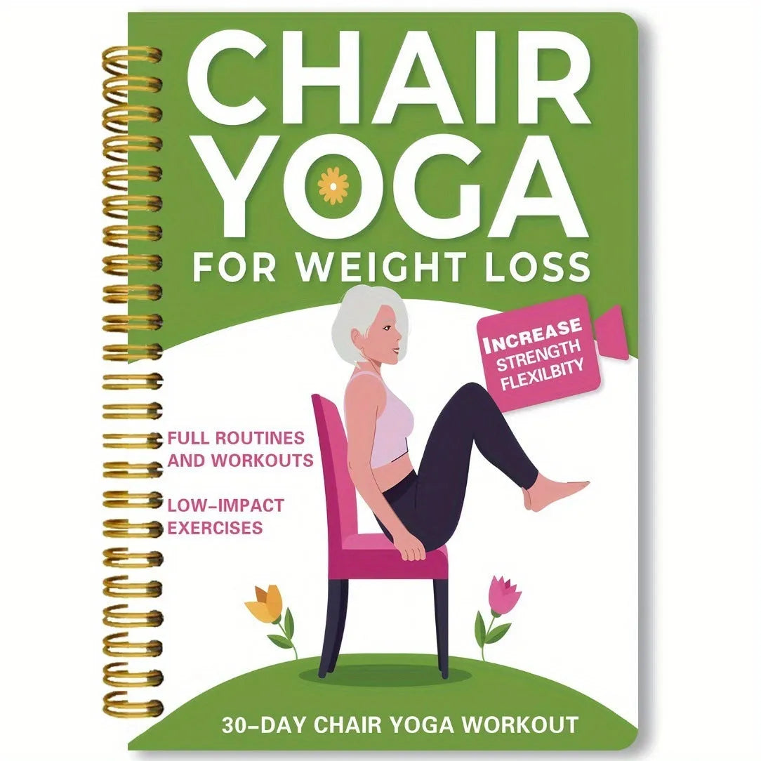 Green coil-bound notebook with 30 days chair yoga training guide content